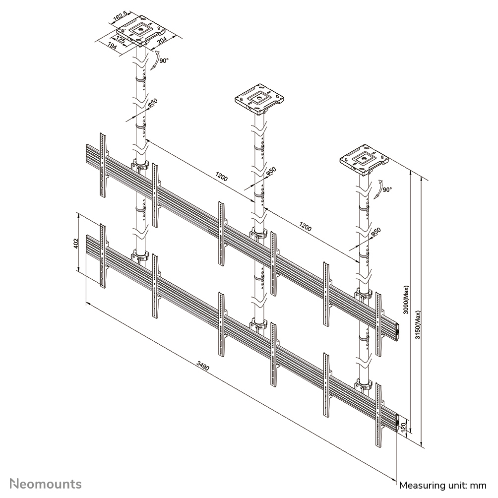 Neomounts NMPRO-C32 Videowall plafondbeugel 32-55" - h 325 cm